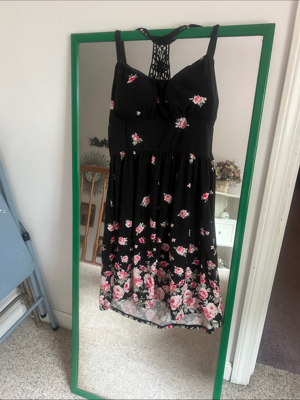 NOBO Black Midi Dress with Pink Floral Print